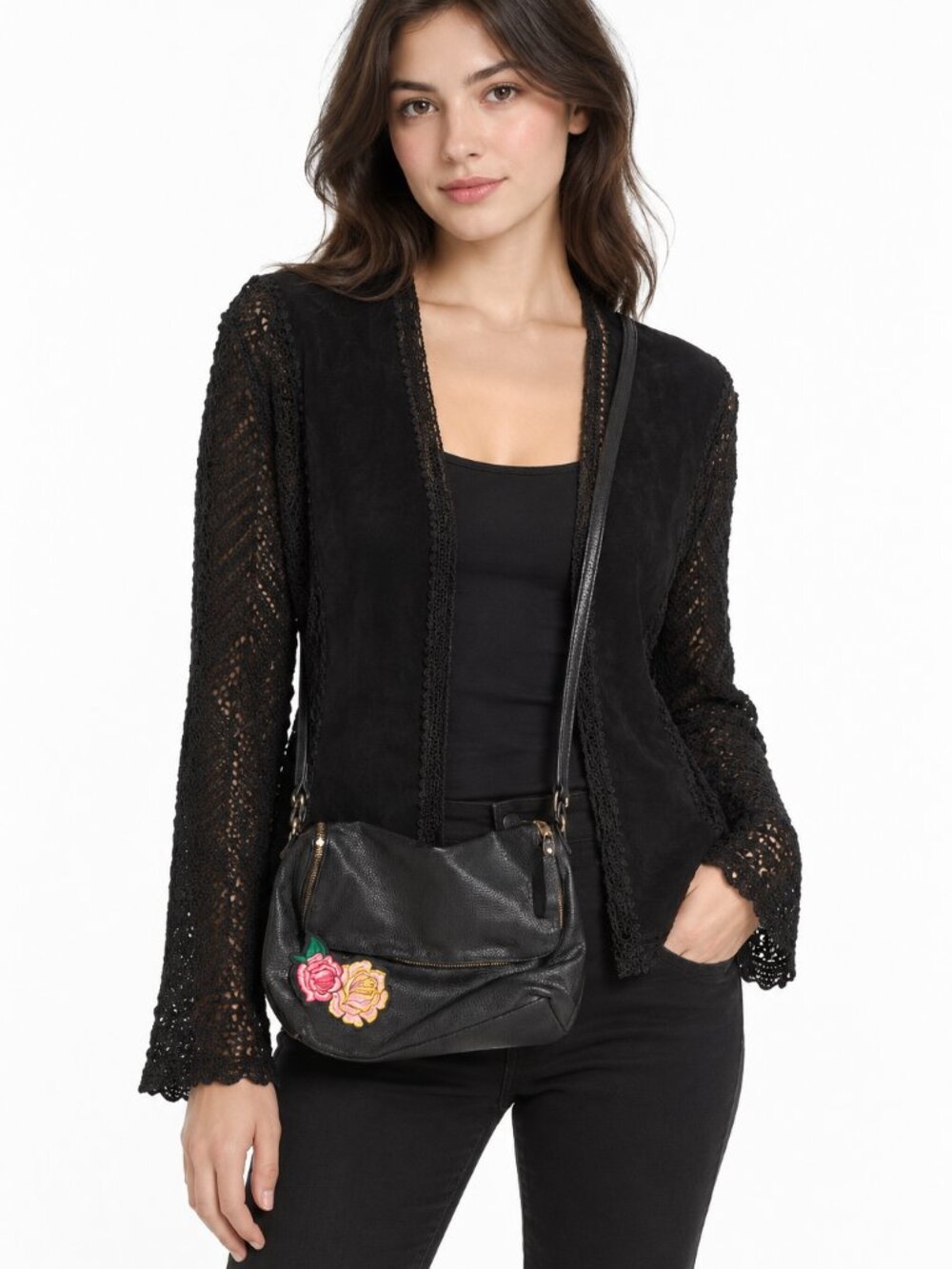 Danier Vintage Black Genuine Suede Crochet Knit Jacket XS